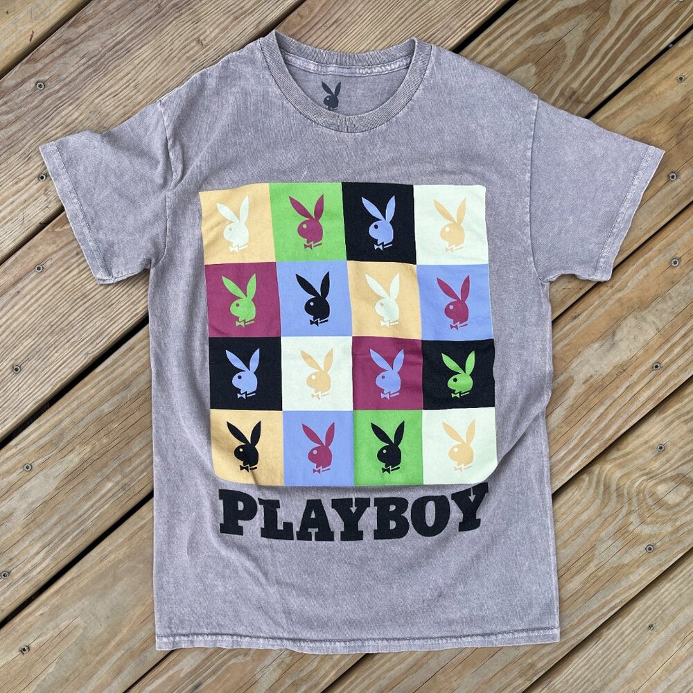 Playboy ~ Andy Warhol Inspired Graphic T-Shirt Bunny Logo Adult Small Acid Wash
